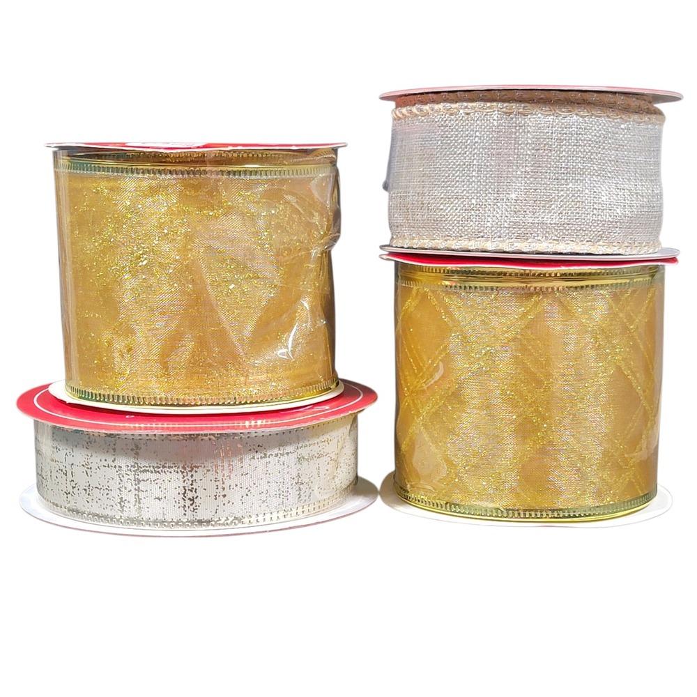Gold Wired‎ Edge Ribbon Lot of 4 Spools 21 Yds Christmas Wreath Crafts Holiday